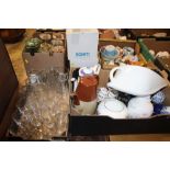 FOUR BOXES OF CERAMICS AND GLASSWARE TO INCLUDE COALPORT, AYNSLEY, KILNER JARS ETC. TOGETHER WITH