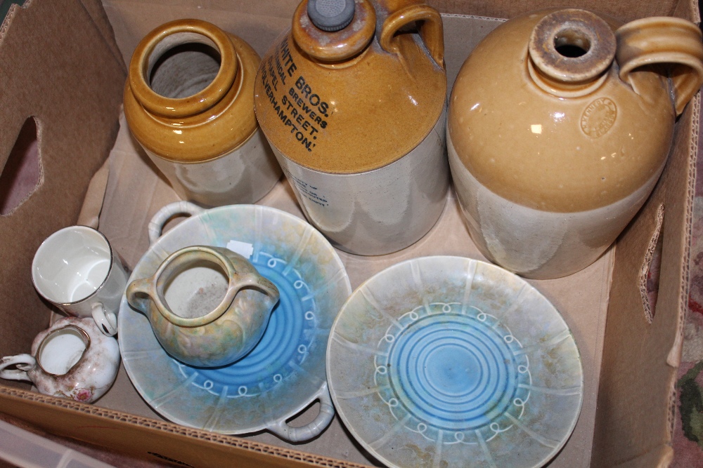 A TRAY OF ASSORTED DINNERWARE TOGETHER WITH A BOX OF STONEWARE FLAGONS AND A BOX OF AIRCRAFT RELATED - Image 4 of 5