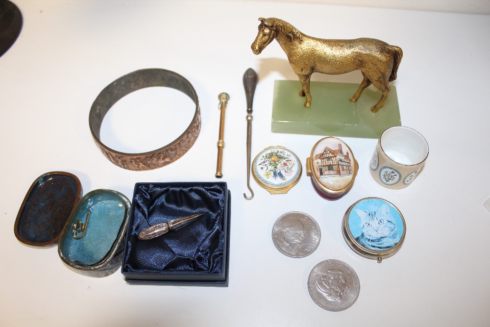 A BOX OF COLLECTABLES TO INCLUDE A HALLMARKED SILVER CORN SKEWER , ENAMEL BOXES, PEN ETC.
