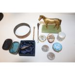 A BOX OF COLLECTABLES TO INCLUDE A HALLMARKED SILVER CORN SKEWER , ENAMEL BOXES, PEN ETC.