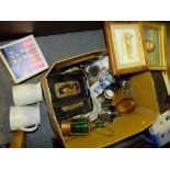 A LARGE BOX OF ASSORTED HOUSEHOLD SUNDRIES TO INCLUDE A MUSICAL COPPER AND GLASS DECANTER, CERAMIC