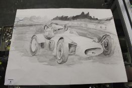 AN UNFRAMED PENCIL DRAWING OF A VINTAGE SPORTS CAR RACE SIGNED COLIN CHAPMAN - SIZE 50.5 CM 37.5 CM