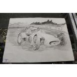 AN UNFRAMED PENCIL DRAWING OF A VINTAGE SPORTS CAR RACE SIGNED COLIN CHAPMAN - SIZE 50.5 CM 37.5 CM