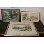 TWO FRAMED AND GLAZED WATERCOLOURS OF RURAL RIVER LANDSCAPES WITH FISHERMEN SIGNED CHAS F ALLBON