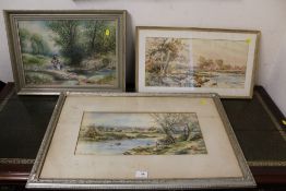 TWO FRAMED AND GLAZED WATERCOLOURS OF RURAL RIVER LANDSCAPES WITH FISHERMEN SIGNED CHAS F ALLBON