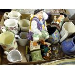 A BOX OF CERAMIC JUGS TO INCLUDE A WEST GERMAN EXAMPLE, WHISKEY JUGS ETC. TOGETHER WITH THREE TOBY