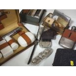 A BOX OF COLLECTABLES TO INCLUDE LEATHER FITTED HIP FLASKS, MANICURE SET ETC.