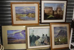 A COLLECTION OF PICTURES AND PRINTS TO INCLUDE TWO OIL PAINTINGS OF MOUNTAINOUS LANDSCAPES SIGNED