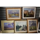 A COLLECTION OF PICTURES AND PRINTS TO INCLUDE TWO OIL PAINTINGS OF MOUNTAINOUS LANDSCAPES SIGNED