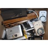 TWO BOXES OF VINTAGE AND MODERN ELECTRICALS TO INCLUDE VINTAGE CAMERAS AND ACCESSORIES