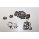 FOUR SILVER ITEMS - A BUTTERFLY PENDANT, MARCASITE, SILVER AND WHITE METAL BROOCH, AND A RELIGIOUS