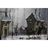 AN UNFRAMED OIL ON CANVAS OF A WINTER STREET SCENE BY G TILLET VERSO - SIZE 30 CM X 30 CM