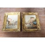 A PAIR OF GILT FRAMED CONTINENTAL OIL ON CANVAS STREET SCENES WITH FIGURES INDISTINCTLY SIGNED