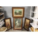 A PAIR OF OAK FRAMED AND GLAZED PRINTS OF STAGS, TOGETHER WITH A VINTAGE PEARS SOAP BOY PRINT AND