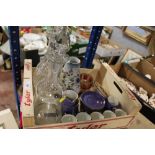 A BOX OF CERAMICS AND GLASSWARE TO INCLUDE DECANTERS, CARLTONWARE PART COFFEE SET ETC