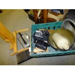 St Mary's Abbey - A BOX OF COLLECTABLES TO INCLUDE VINTAGE CAMERAS, BRASS JAM PAN ETC. TOGETHER WITH