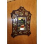 A VINTAGE ART NOUVEAU STYLE MAHOGANY AND BRASS WALL MIRROR OF SMALL PROPORTIONS OVERALL SIZE -