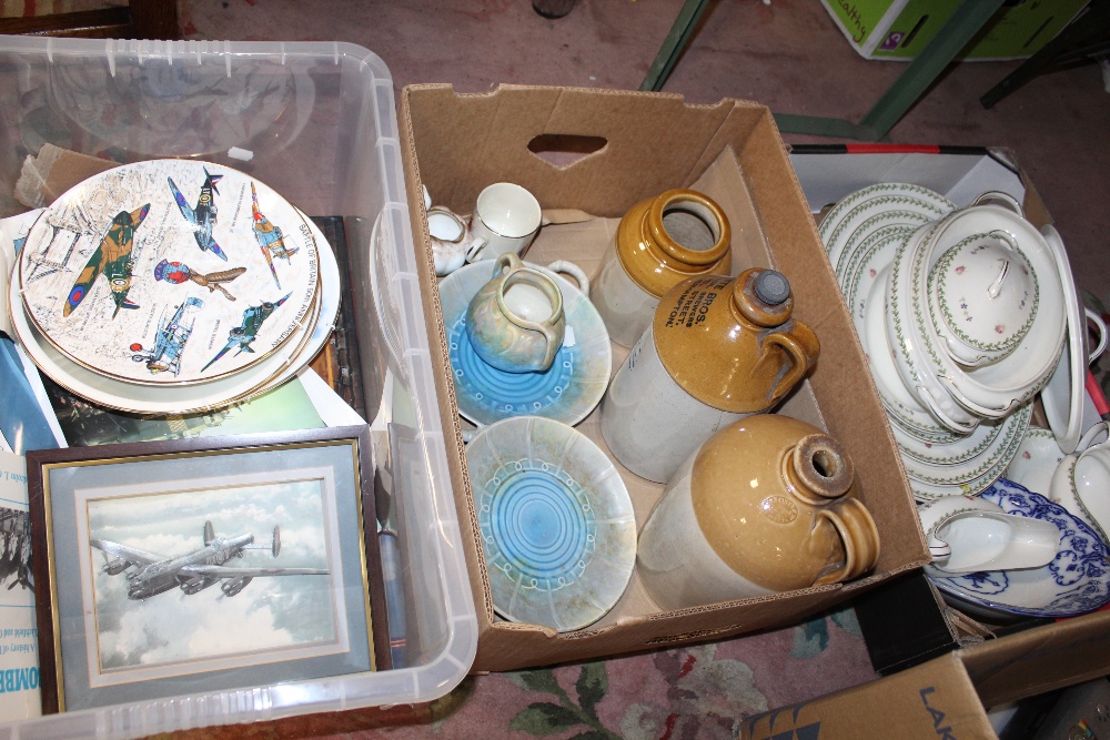 A TRAY OF ASSORTED DINNERWARE TOGETHER WITH A BOX OF STONEWARE FLAGONS AND A BOX OF AIRCRAFT RELATED