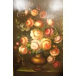 A GILT FRAMED OIL ON CANVAS STILL LIFE STUDY OF FLOWERS IN A VASE SIZE - 91.5CM X 61CM