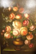 A GILT FRAMED OIL ON CANVAS STILL LIFE STUDY OF FLOWERS IN A VASE SIZE - 91.5CM X 61CM