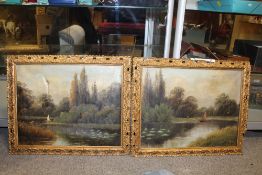 A PAIR OF GILT FRAMED OIL ON CANVASES OF RIVER SCENES BY S LYNNE