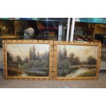 A PAIR OF GILT FRAMED OIL ON CANVASES OF RIVER SCENES BY S LYNNE