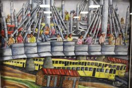 AN UNUSUAL MIXED MEDIA HAND PAINTED COLLAGE 'TOWNSHIP' DEPICTING PEOPLE ON A SUSPENSION BRIDGE,