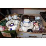 TWO TRAYS OF ASSORTED CERAMICS AND GLASS TO INCLUDE HORNSEA. ROYAL ALBERT CAKE STAND, ROYAL