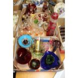 TWO TRAYS OF MOSTLY COLOURED GLASSWARE TO INCLUDE DECANTERS, STUDIO GLASS TANKARD ETC