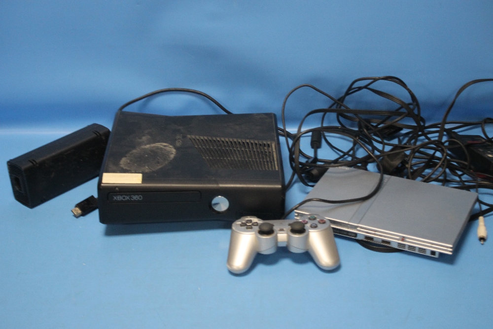 AN XBOX 360 CONSOLE NO ADAPTER OR CONTROLLERS, together with a Playstation 2 console and controller