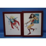 MIKE COLLINS COMIC ARTIST SKETCHES, Wonder Woman signed and dated 2014 and Supergirl signed, frame