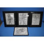 COMIC ART WORK - WONDER WOMAN, four signed pencil sketches, all framed