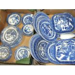 FIVE TRAYS OF ASSORTED BLUE AND WHITE CHINA TO INCLUDE COALPORT