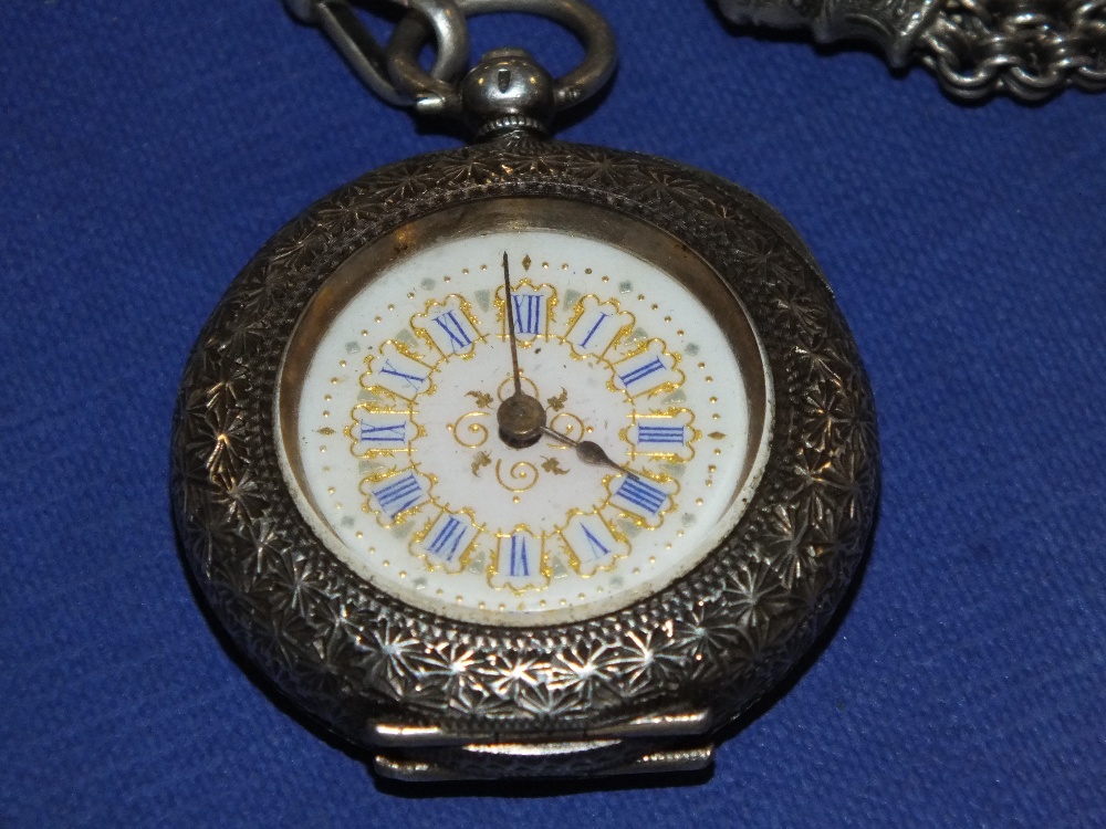 AN ANTIQUE SILVER LADIES POCKET WATCH AND SILVER ALBERTINA WATCH CHAIN - Image 2 of 3