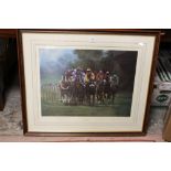 A LARGE FRAMED AND GLAZED SIGNED LIMITED EDITION HORSE RACING PRINT ENTITLED 'STEWARD'S ENQUIRY'