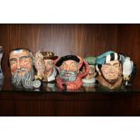 SIX LARGE ROYAL DOULTON CHARACTER JUGS; MERLIN, FALSTAFF, THE FALCONER, LOBSTER MAN, COMPLETE ANGLER