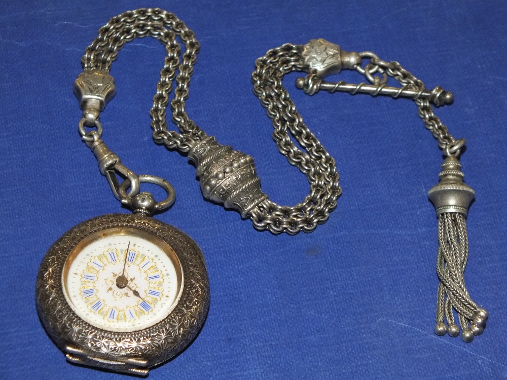 AN ANTIQUE SILVER LADIES POCKET WATCH AND SILVER ALBERTINA WATCH CHAIN