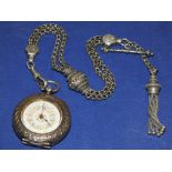 AN ANTIQUE SILVER LADIES POCKET WATCH AND SILVER ALBERTINA WATCH CHAIN