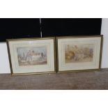 A PAIR OF GILT FRAMED AND GLAZED WATERCOLOURS DEPICTING FIGURES BESIDE COTTAGES, OVERALL SIZE 57 X