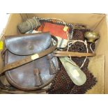 A BOX OF COLLECTABLES TO INCLUDE A LEATHER BAG, NORTH AFRICAN WALLET, SIX VICTORIAN SEED COASTERS,