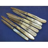 A COLLECTION OF SEVEN ANTIQUE HALLMARKED SILVER AND MOTHER OF PEARL FRUIT KNIVES, LARGEST 150 MM