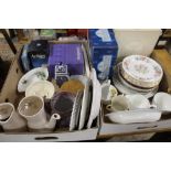 TWO TRAYS OF ASSORTED CERAMICS TO INCLUDE WEDGWOOD, ROYAL ALBERT, ROYAL WORCESTER, EMMA