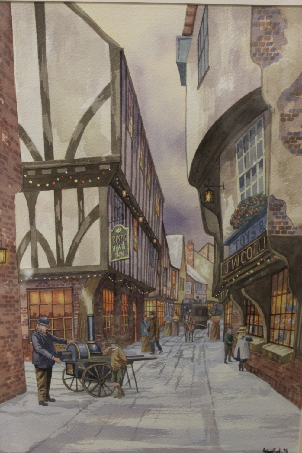 A PAIR OF LARGE GILT FRAMED AND GLAZED WATERCOLOURS BY JOHNNY GASTER, ENTITLED 'EDWARDIAN YORK 1918' - Image 3 of 4