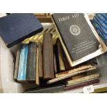 A BOX OF VINTAGE FIRST AID RELATED BOOKS TOGETHER WITH A BAG OF BIRD RELATED MAGAZINES