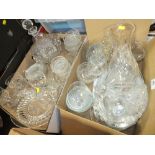 TWO TRAYS OF MOSTLY CUP GLASSWARE TO INCLUDE DECANTERS