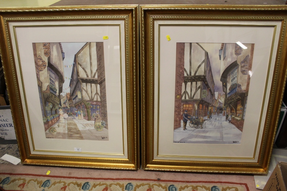 A PAIR OF LARGE GILT FRAMED AND GLAZED WATERCOLOURS BY JOHNNY GASTER, ENTITLED 'EDWARDIAN YORK 1918'