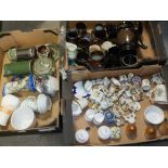 THREE TRAYS OF ASSORTED CERAMICS TO INCLUDE AN OLD TUPTON WARE JUG, MINIATURE LIMOGES WARE ETC.