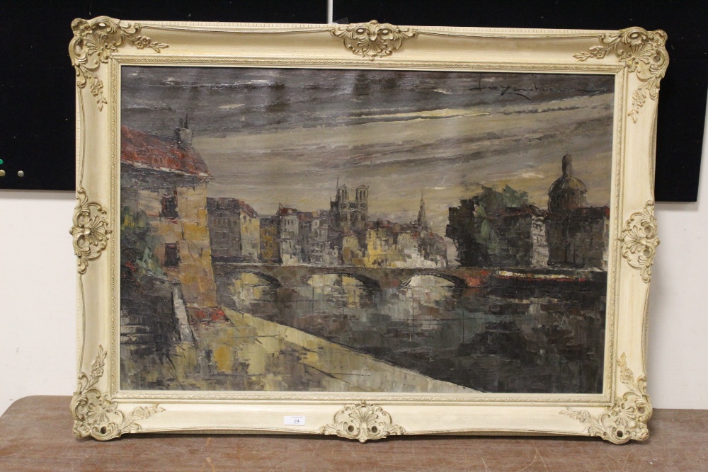 (XX). Impressionist scene of Paris at twilight, signed upper right, oil on canvas, framed, 59 x 90