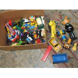 A BOX OF DIE CAST TOYS CARS TOGETHER WITH A VINTAGE AVON ANDY CAPP BODY POWDER DISPENSER