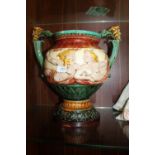 A LARGE TWIN HANDLED MAJOLICA VASE DECORATED WITH FIGURES AND WITH BUSTS TO HANDLES, H 42 CM, HANDLE